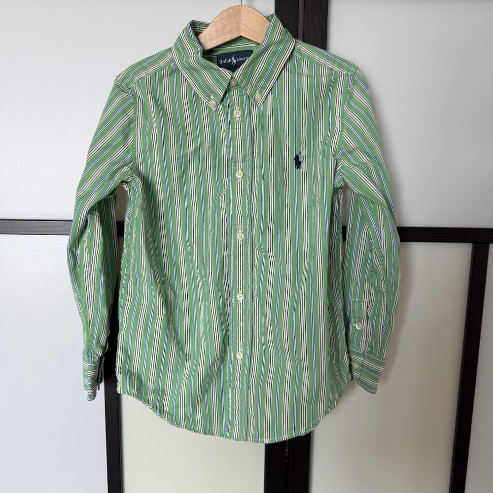 Ralph Lauren Shirt Boys Kids Size Striped Long Sleeve Green Size 6 Preppy Church